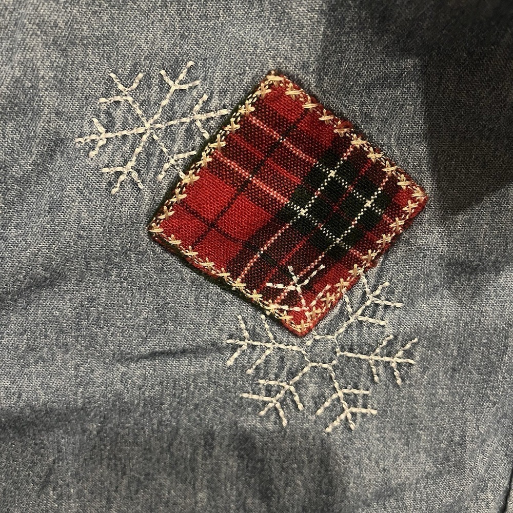 90s Denim Button Up Christmas Shirt Snowman Embroidered Holiday Top Womens XL - Picture 3 of 10